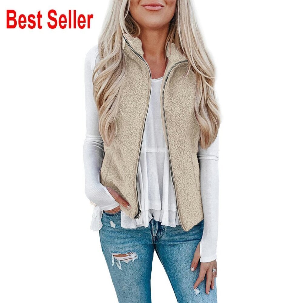Fuzzy Sherpa Fleece Vest Cozy Sleeveless Cardigan Zipper Waistcoat Outerwear